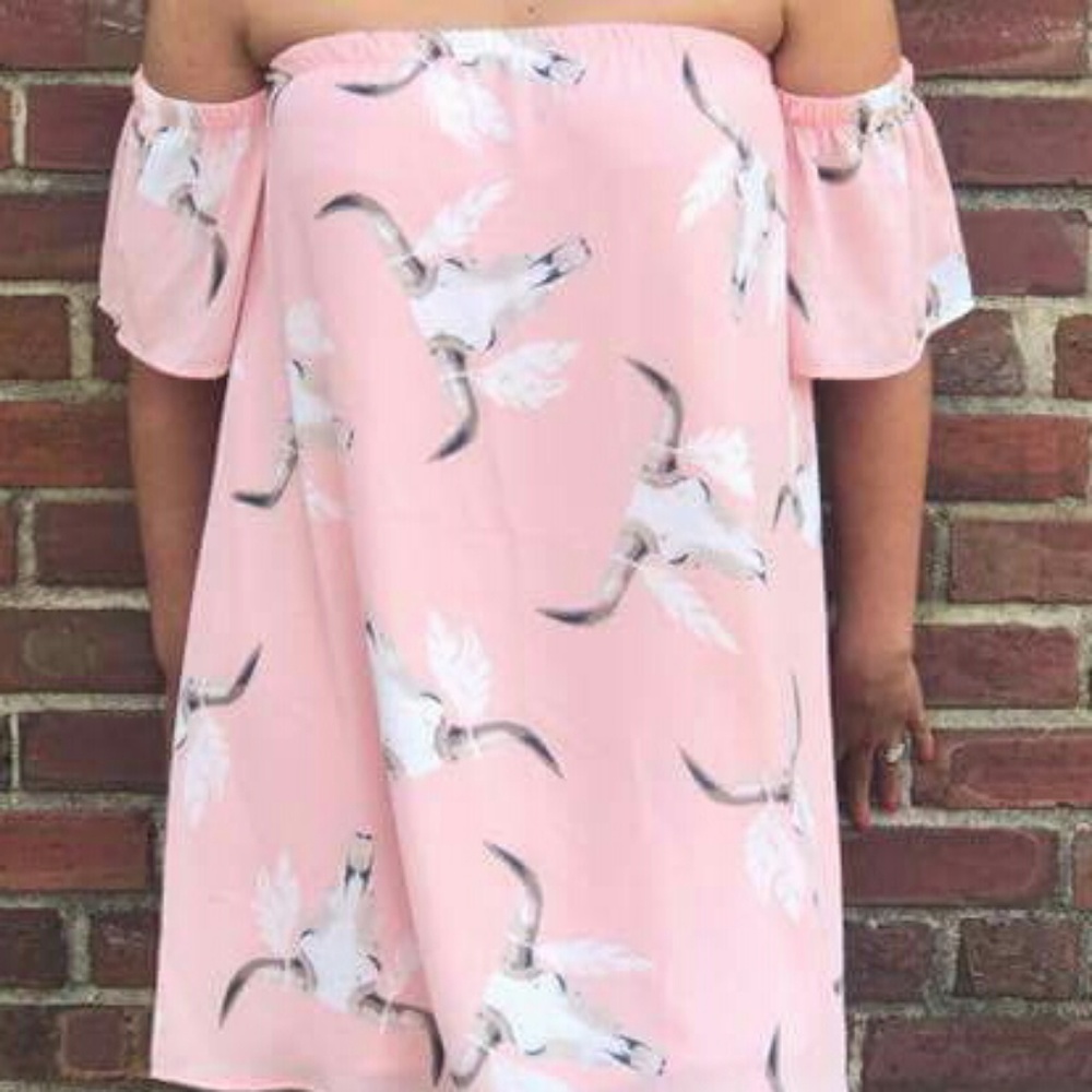 Country Bull Head Feather Cold Shoulder dress - Picture 1 of 2